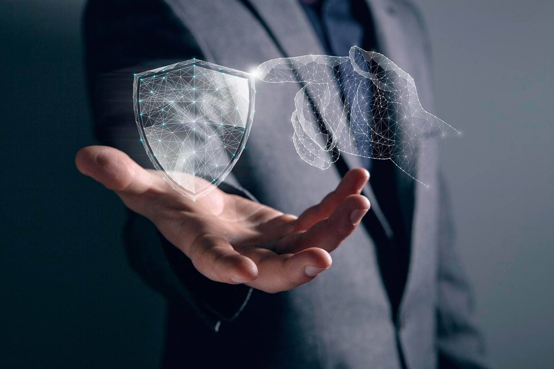 Security shield hologram representing cybersecurity and protection services.
